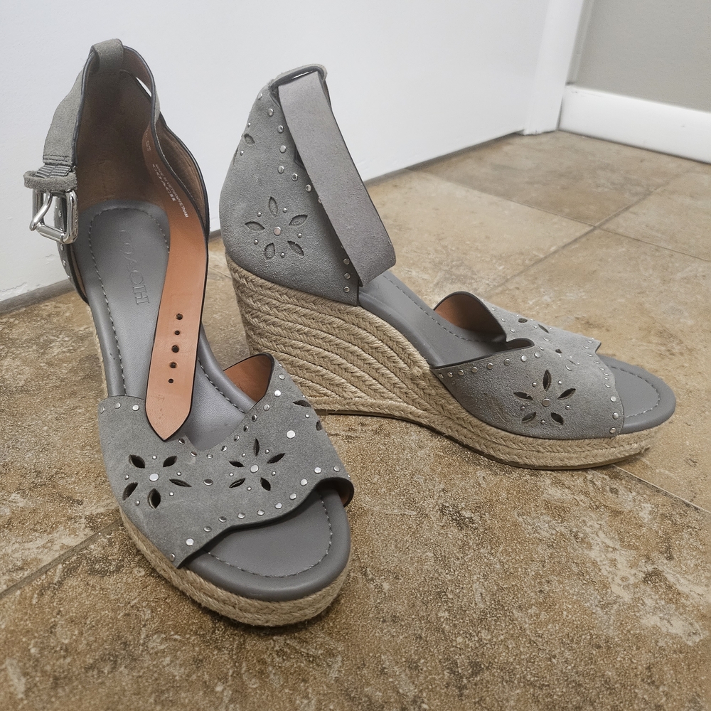 Coach Gray Wedge Sandals with Floral Cutouts